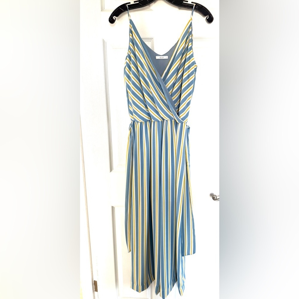 Le Lis striped romper jumpsuit yellow blue white striped elastic waist large